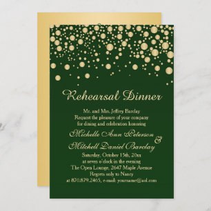 Golden effect confetti on green Rehearsal Dinner Invitation