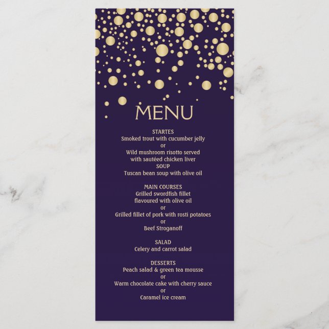 Golden effect confetti on violet Menu Card (Front)