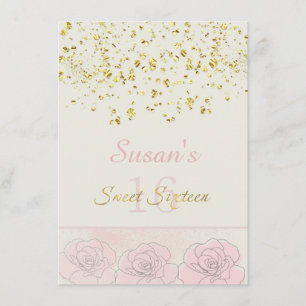 Golden effect confetti, pink roses Sweet 16 Invite