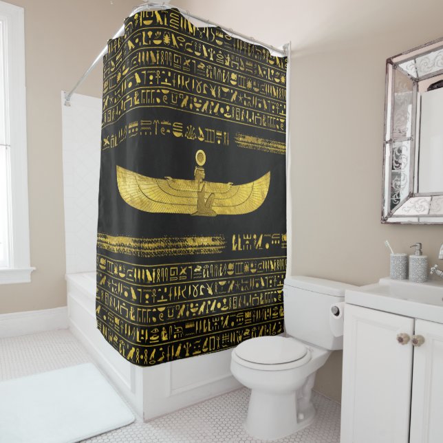 Golden Egyptian God Ornament on black leather Shower Curtain (In Situ)