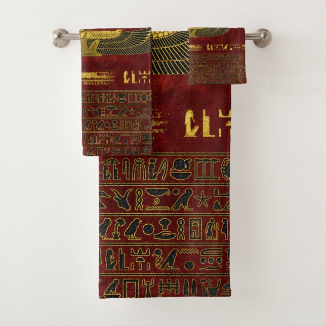 Golden Egyptian God Ornament on red leather Bath Towel Set (Insitu)
