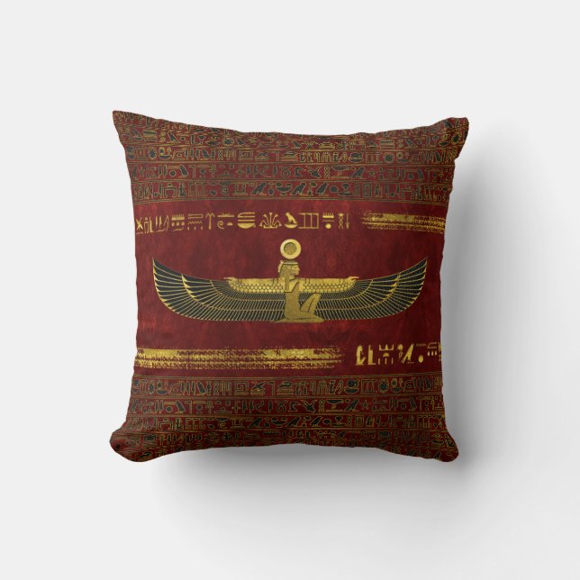 Golden Egyptian God Ornament on red leather Cushion (Front)