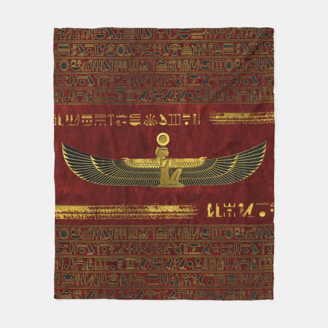 Golden Egyptian God Ornament on red leather Fleece Blanket (Front)