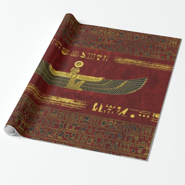 Golden Egyptian God Ornament on red leather Wrapping Paper (Unrolled)