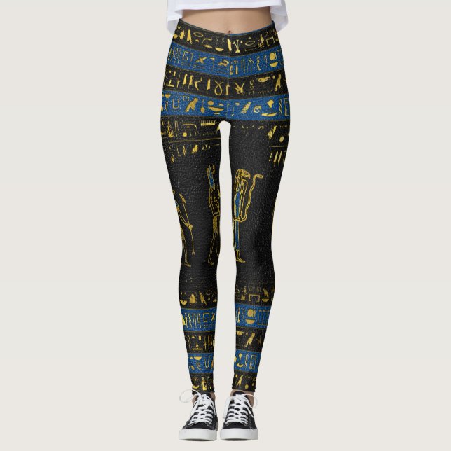 Golden Egyptian Gods and hieroglyphics on leather Leggings (Front)