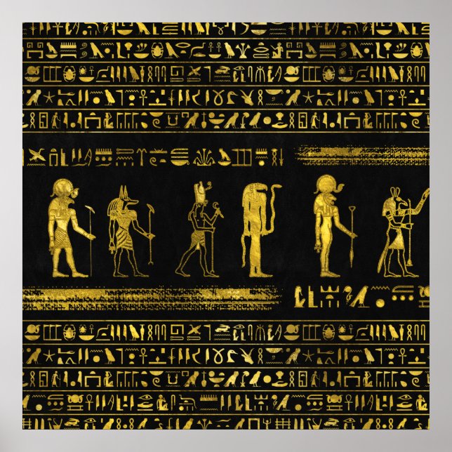 Golden Egyptian Gods and hieroglyphics on leather Poster (Front)
