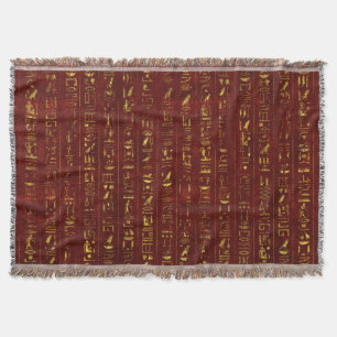 Golden Egyptian hieroglyphics on red leather Throw Blanket
