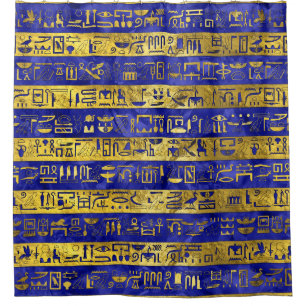Golden Egyptian  hieroglyphs pattern blue stone Shower Curtain