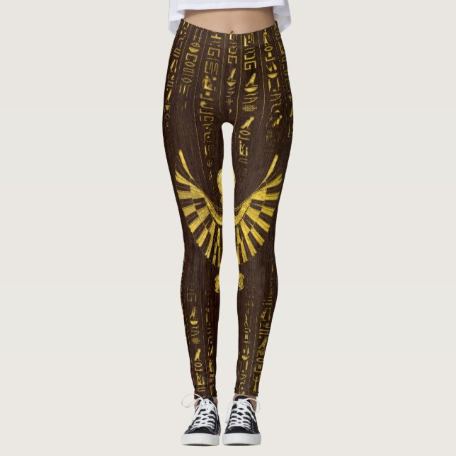 Golden Egyptian Horus Falcon and hieroglyphics Leggings (Front)
