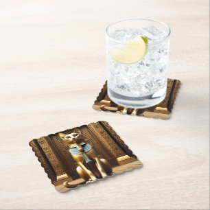 Golden Egyptian Pharaoh Cat Statue, Paper Coaster