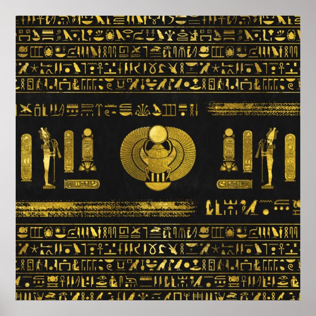 Golden Egyptian Scarab  on black leather Poster (Front)