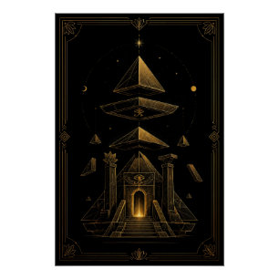 Golden Egyptian Temple Portal and Floating Pyramid Poster