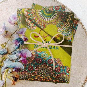 Golden Eid Mubarak ornamental pattern Yellow Green Wrapping Paper Sheet