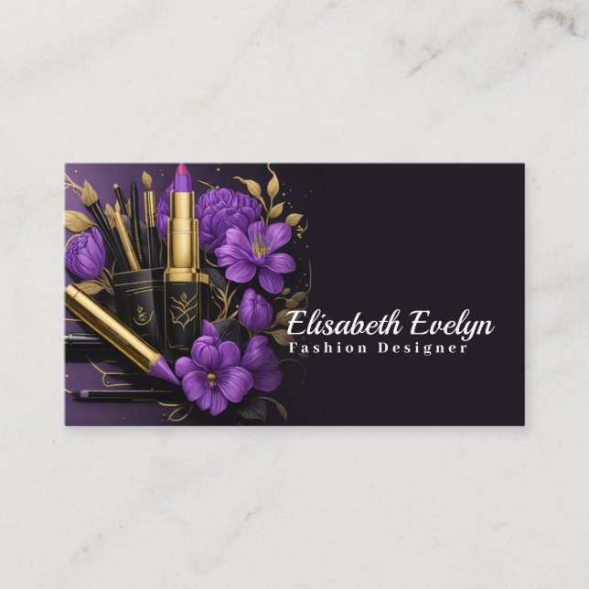 Golden Elegance and Purple Blooms g65 Business Card (Front)