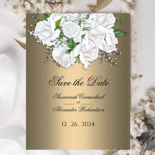 Golden Elegance and White Bridal Bouquet Save Date Postcard