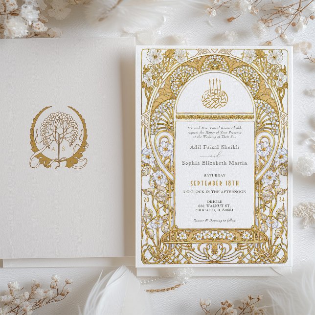 Golden Elegance Art Nouveau Muslim Wedding Invitation (Creator Uploaded)