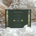 Golden Elegance Art Nouveau Save the Date Card<br><div class="desc">Begin the journey to your special day with this exquisite Art Nouveau Save the Date card, designed to enthral and announce your upcoming wedding with a touch of golden elegance. Set against a deep forest green backdrop, the card is adorned with a vertical column of white floral elements and gold...</div>