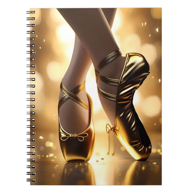 Golden Elegance: Ballerina Shoes on Gold Bokeh Notebook (Front)