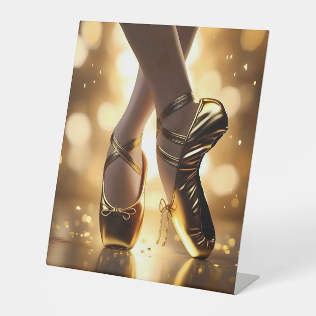 Golden Elegance: Ballerina Shoes on Gold Bokeh Pedestal Sign (Front)