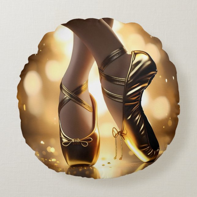 Golden Elegance: Ballerina Shoes on Gold Bokeh Round Cushion (Front)
