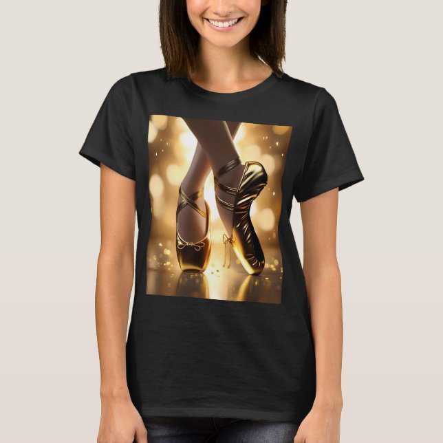 Golden Elegance: Ballerina Shoes on Gold Bokeh T-Shirt (Front)