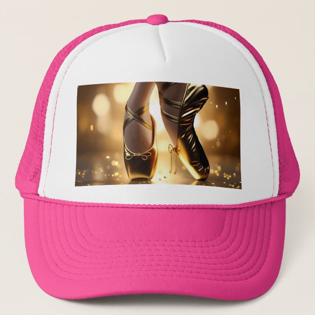 Golden Elegance: Ballerina Shoes on Gold Bokeh Trucker Hat (Front)