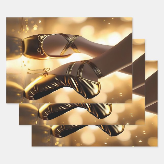 Golden Elegance: Ballerina Shoes on Gold Bokeh Wrapping Paper Sheet (Set)