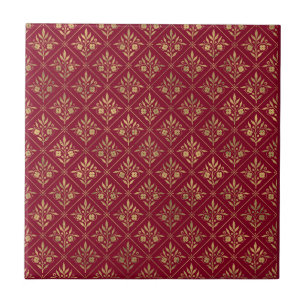 Golden Elegance – Bordeaux Red & Gold Botanical Tile