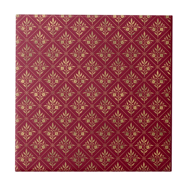 Golden Elegance – Bordeaux Red & Gold Botanical Tile (Front)