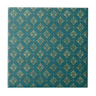 Golden Elegance – Dark Turquoise & Gold Botanical Tile