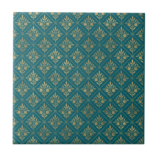 Golden Elegance – Dark Turquoise & Gold Botanical  Tile (Front)