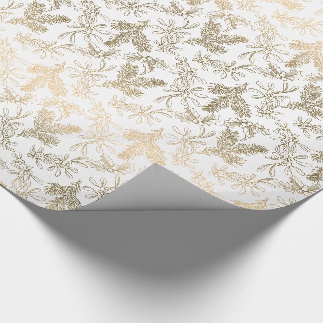 Golden Elegance Engraved Holly, Pine and Mistletoe Wrapping Paper (Corner)