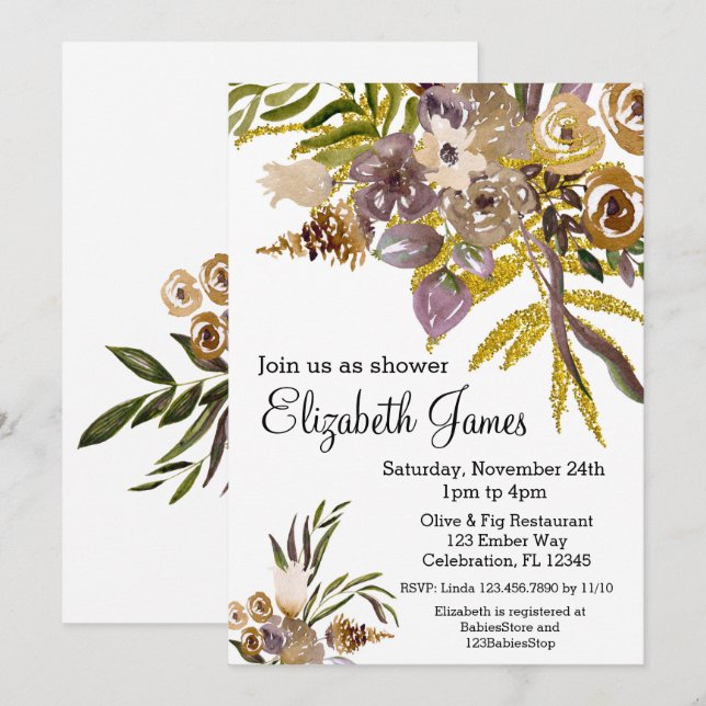 Golden Elegance Fall Floral Baby Shower Invitation (Front/Back)