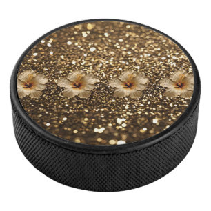 Golden Elegance: Gold Hibiscus Shimmer Hockey Puck
