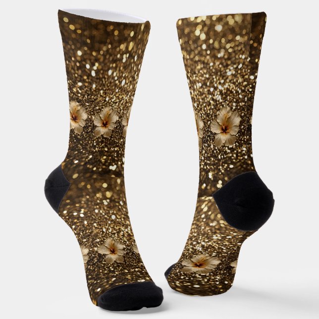 Golden Elegance: Gold Hibiscus Shimmer Socks (Angled)
