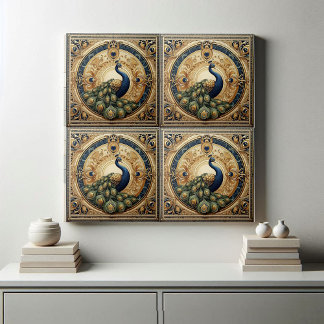Golden Elegance Majestic Peacock Feather Art Deco Tile