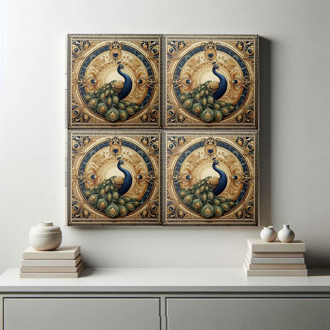 Golden Elegance Majestic Peacock Feather Art Deco Tile (Golden Elegance Majestic Peacock Feather Art Deco Ceramic Tile)