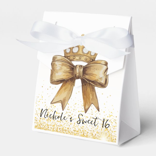 Golden Elegance: Sweet 16 Crown & Bow Glitter Favour Box (Front Side)