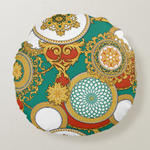 Golden Elegant Arabesque Background Round Cushion