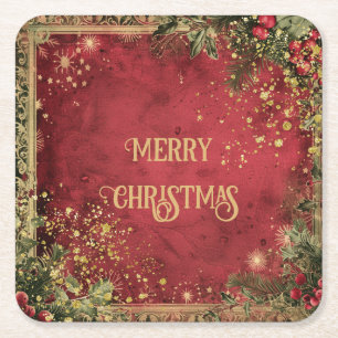 Golden elegant Christmas floral design Square Paper Coaster