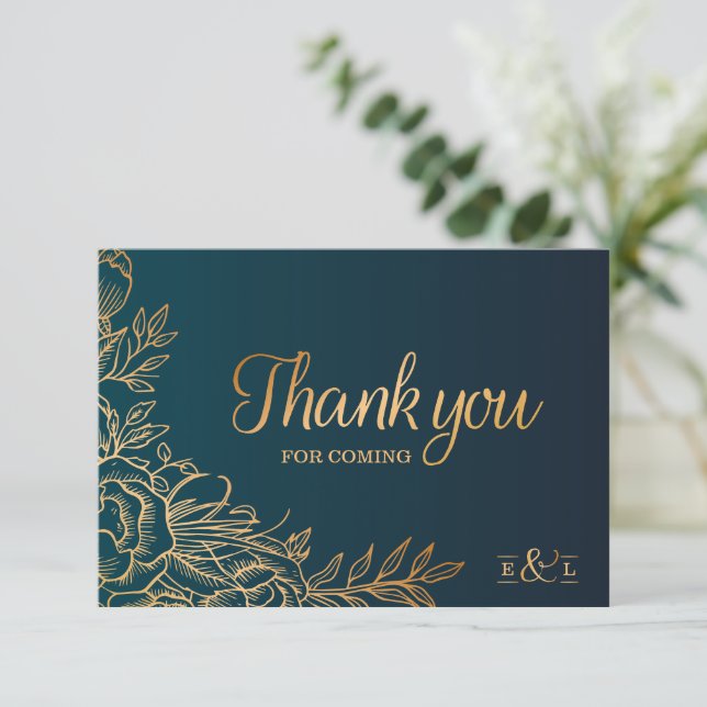 Golden Elegant Floral Wedding Thank You Card (Standing Front)