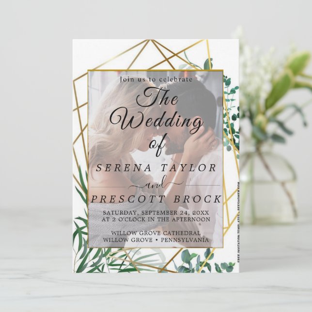 Golden Elegant Foliage Vellum Wedding Invitation (Standing Front)