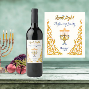 Golden Elegant Hanukkah Menorah Family Name Wine Label