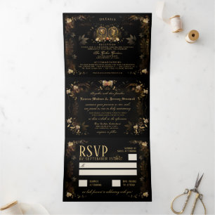 Golden Elegant Skeletons "Together With" Details T Tri-Fold Invitation