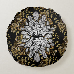Golden element on black background. Golden black f Round Cushion