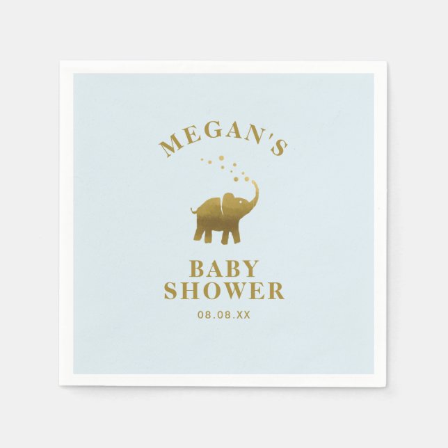 Golden Elephant Baby Blue Baby Shower Napkin (Front)
