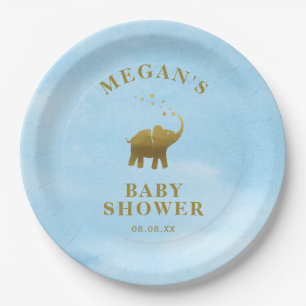 Golden Elephant Blue Watercolor Baby Shower Paper Plate
