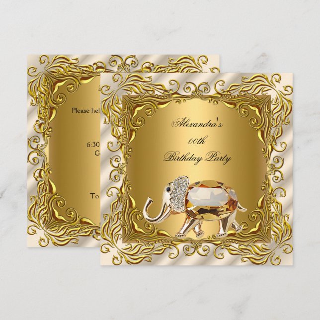 Golden Elephant Elite Cream Gold Birthday Party Invitation (Front/Back)
