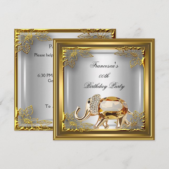 Golden Elephant Elite Elegant Birthday Party White Invitation (Front/Back)