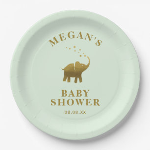 Golden Elephant Mint Green Baby Shower Paper Plate